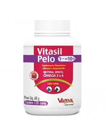 Validade 30/07/2024 Vitasil Pelo Suplemento Vitamínico Para Cães e Gatos 60g 120 Comprimidos Vansil