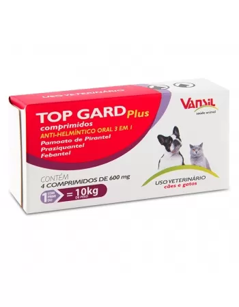 Top Gard Plus Vermífugo 600mg Cães e Gatos 4 Comprimidos Vansil