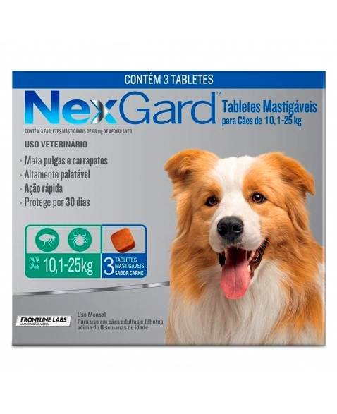 Nexgard Para Cães de 10,1 - 25kg Antipulgas e Carrapatos 3 Tabletes Boehringer