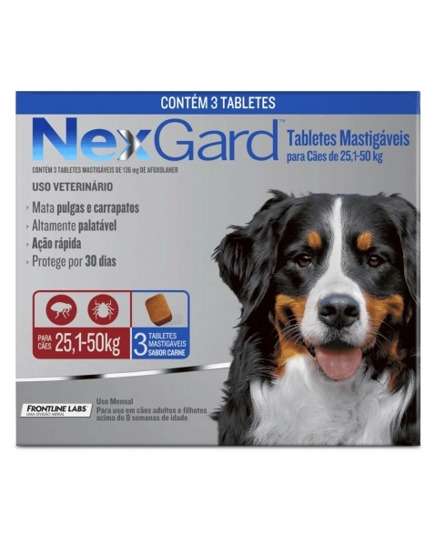 Nexgard Para Cães de 25,1 -50kg Antipulgas e Carrapatos 3 Tabletes Boehringer