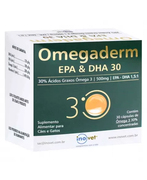 Omegaderm Suplemento EPA & DHA 30% Cães e Gatos 500mg com 30 Capsulas Inovet