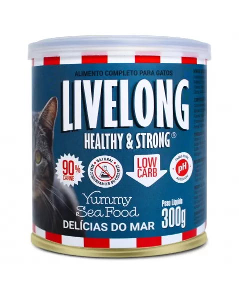 Lata De Alimento Yummy Sea Food Para Gatos Delícias Do Mar 300g Livelong