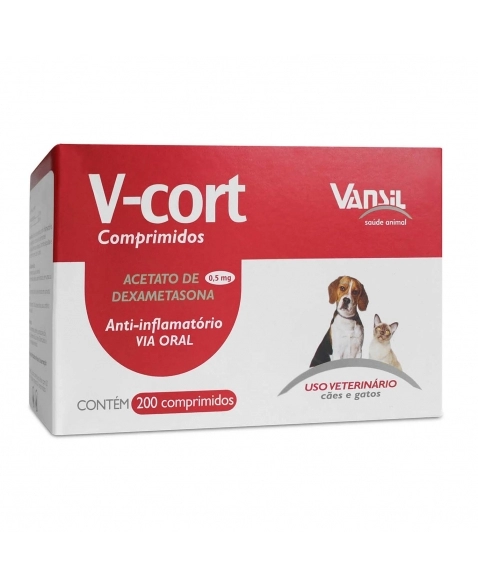 V-Cort Dexametasona Anti-Inflamatório para Cães e Gatos 200 Comprimidos Vansil